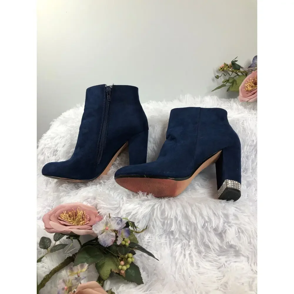XOXO Yardley‎ Dress Boots Navy Faux Suede Rhinestone Heels Size 9M Zipper Side